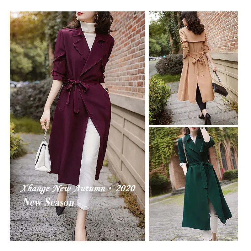 Trench Coat Women Clothing 2022 Solid Sashes Long Coat Gabardina Mujer Spring Autumn Purple 2304